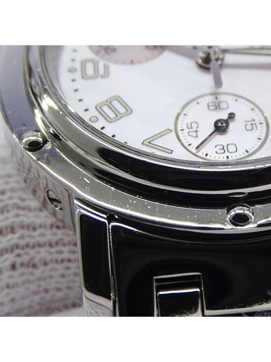 Hermes Watch Clipper Chronograph Pink Shell Quartz Stainless Steel Silver